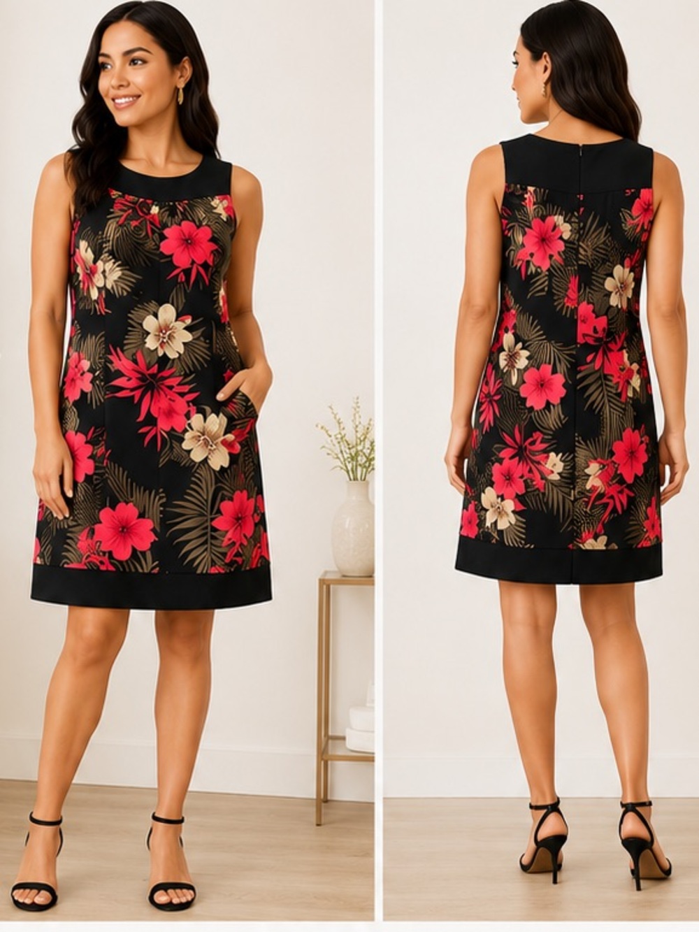 AB Studio Black Floral Shift Dress with Pink and Beige Blooms